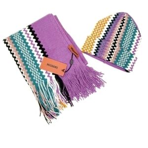 Missoni wool Purple & Orange Made In Italy Beanie And Scarf Set